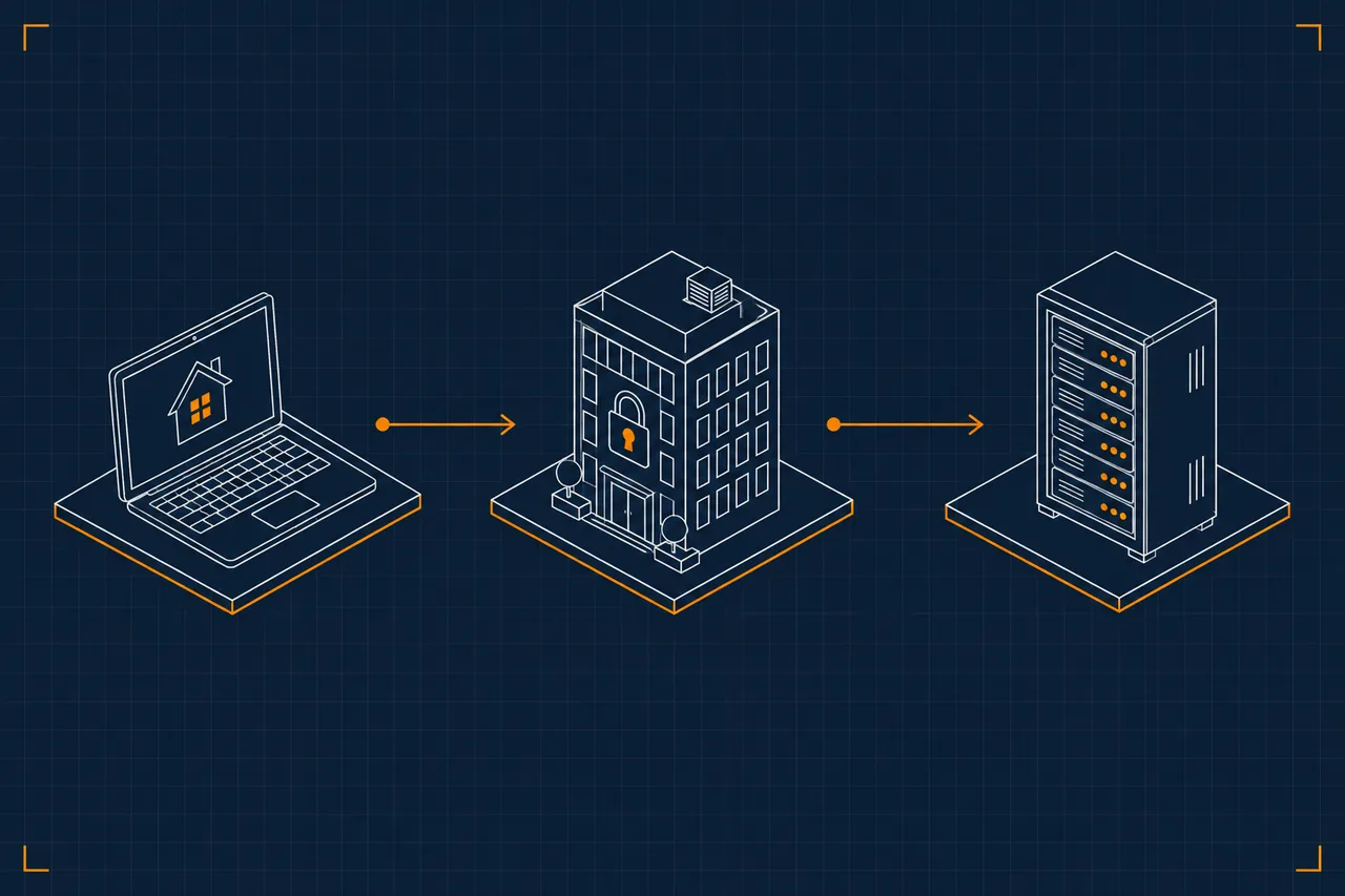 Blaupausen-Zeichnung: Links ein Laptop mit Haus-Symbol, in der Mitte ein Bürogebäude mit Schloss, rechts ein Server-Schrank mit orangen Statuslichtern
