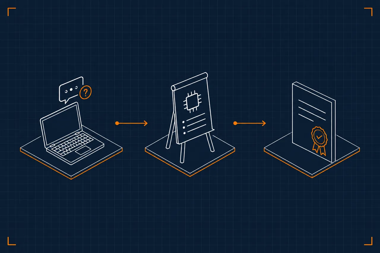 Blaupausen-Zeichnung: links ein aufgeklappter Laptop mit Sprechblase und Fragezeichen, in der Mitte ein Flipchart mit Chip-Symbol, rechts eine Urkunde mit orangem Siegel und Haken