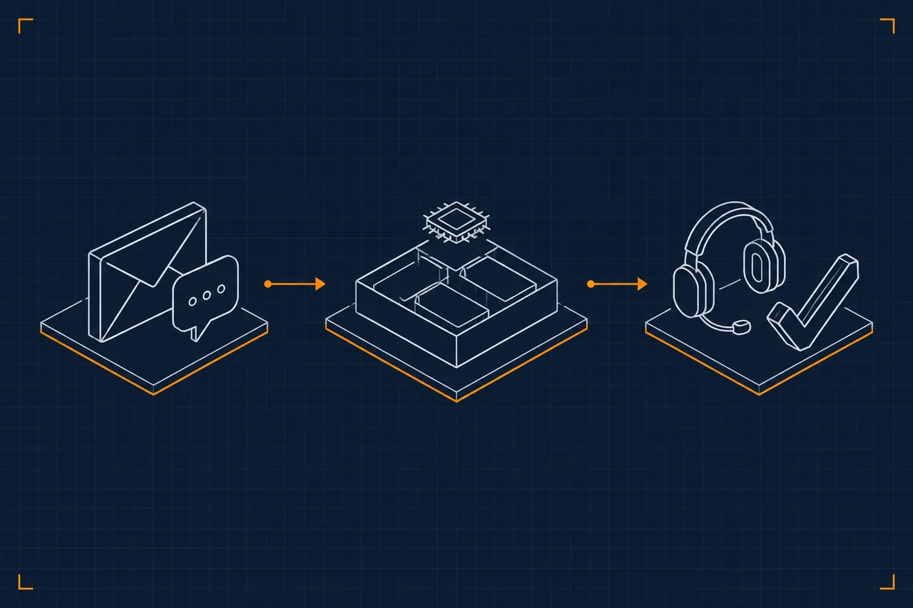 Blaupausen-Zeichnung: Links ein Briefumschlag und eine Sprechblase, in der Mitte ein Sortierfach mit KI-Chip, rechts ein Headset neben einem Häkchen