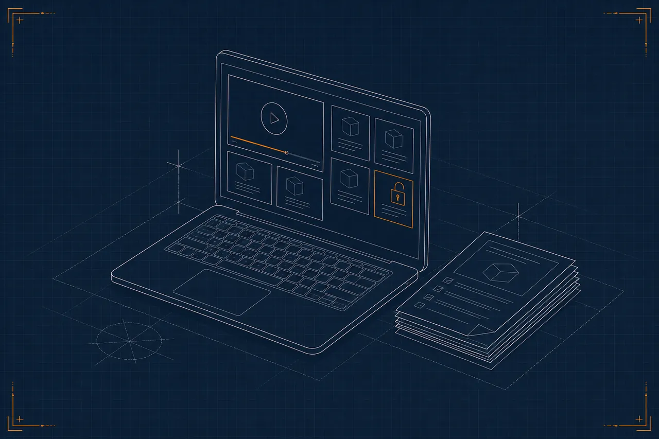 Blaupausen-Zeichnung: Laptop mit Videokurs und Kurskacheln, eine Kachel mit offenem Schloss, daneben Arbeitsblätter