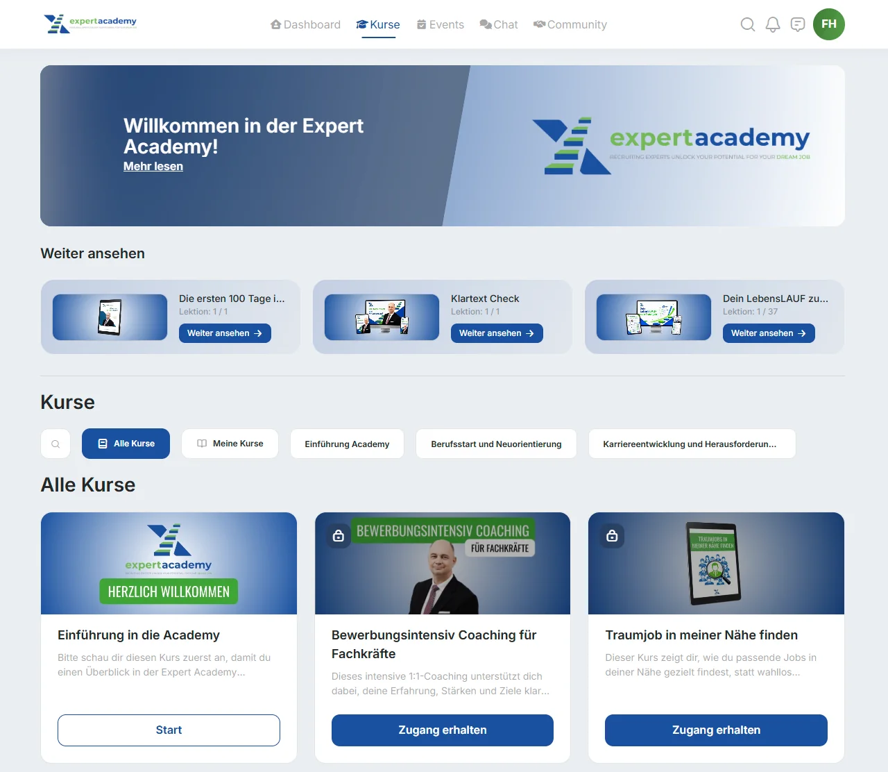 Expert Academy: Mitgliederbereich mit Kursübersicht und Community