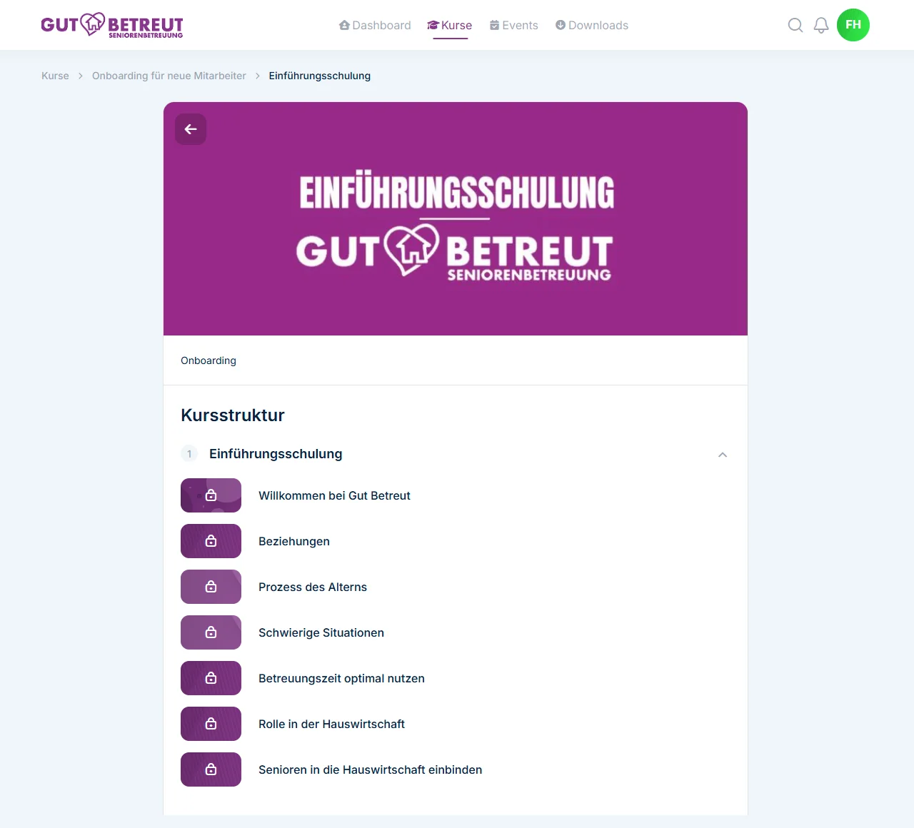Schulungsportal von Gut Betreut: Einführungsschulung mit sieben Lektionen