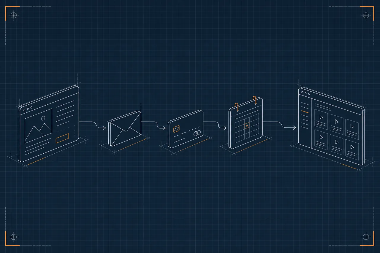 Blaupausen-Zeichnung: Landingpage, E-Mail, Zahlung, Terminbuchung und Mitgliederbereich als verbundener Ablauf