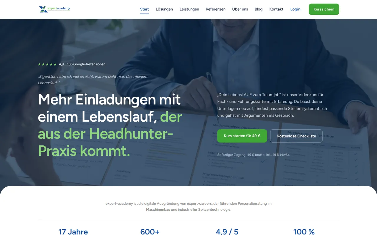 Startseite von expert-academy: Überschrift zum Lebenslauf aus der Headhunter-Praxis mit Kursangebot und kostenloser Checkliste