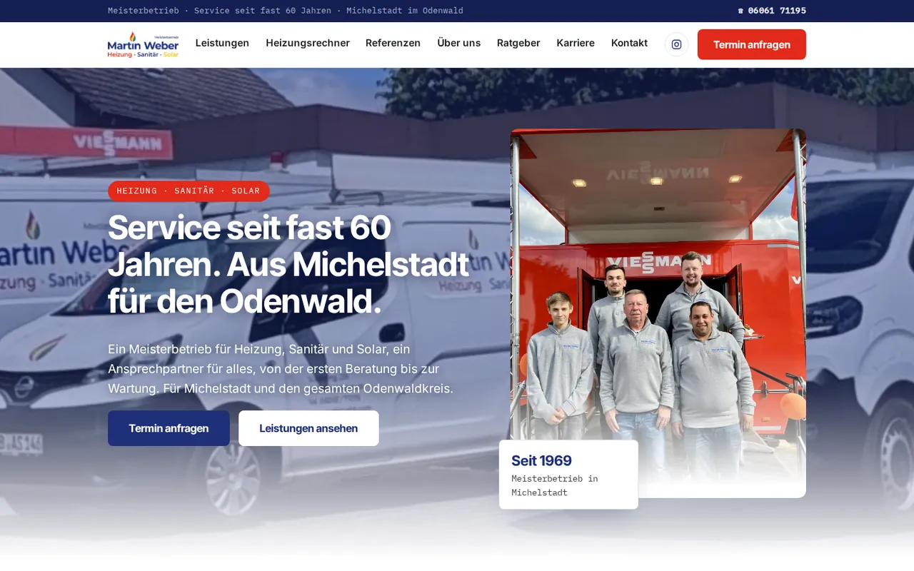 Startseite von Martin Weber Heizung Sanitär Solar: Team vor einem Fahrzeug, Überschrift Service seit fast 60 Jahren aus Michelstadt