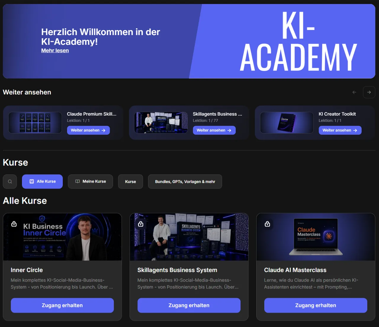 KI-Academy von Sven Schnurr: Mitgliederbereich mit Willkommensbanner und Kursübersicht